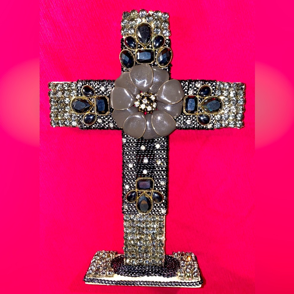 Grey, Black & Silver colors & Rhinestones Wood ✝️ w/ Base & Repurposed Jewelry